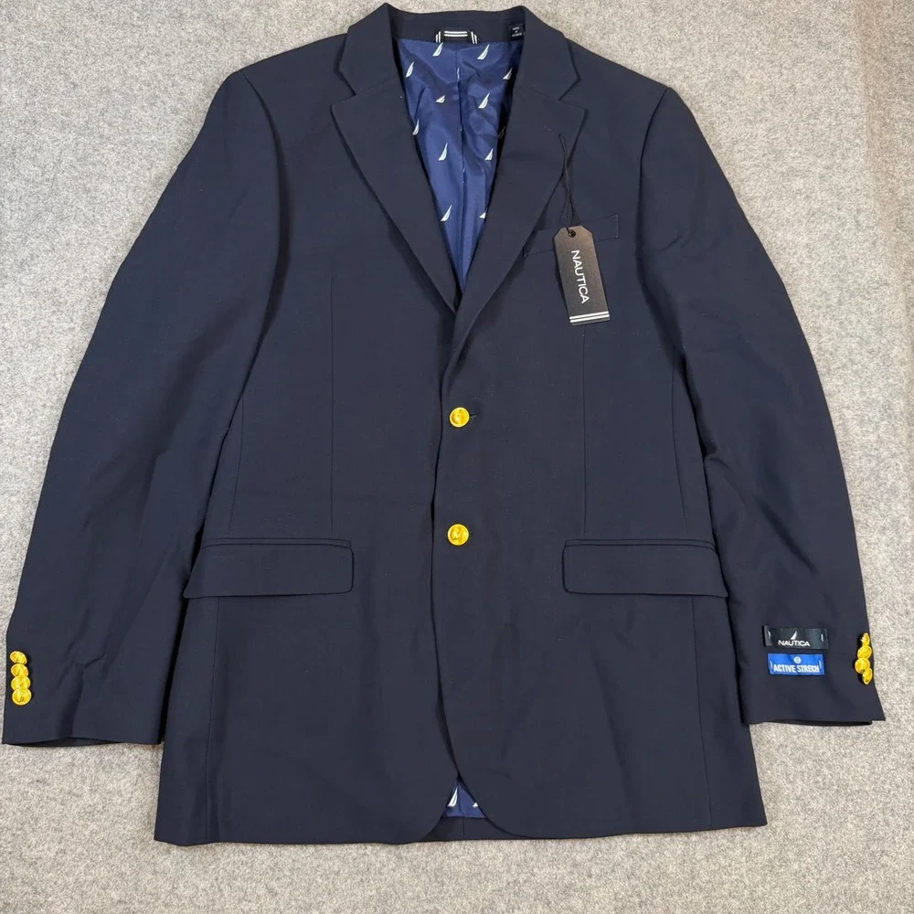 Nautica Mens Branford Navy Active Stretch Blazer Jacket 40L NF353 Gold Button